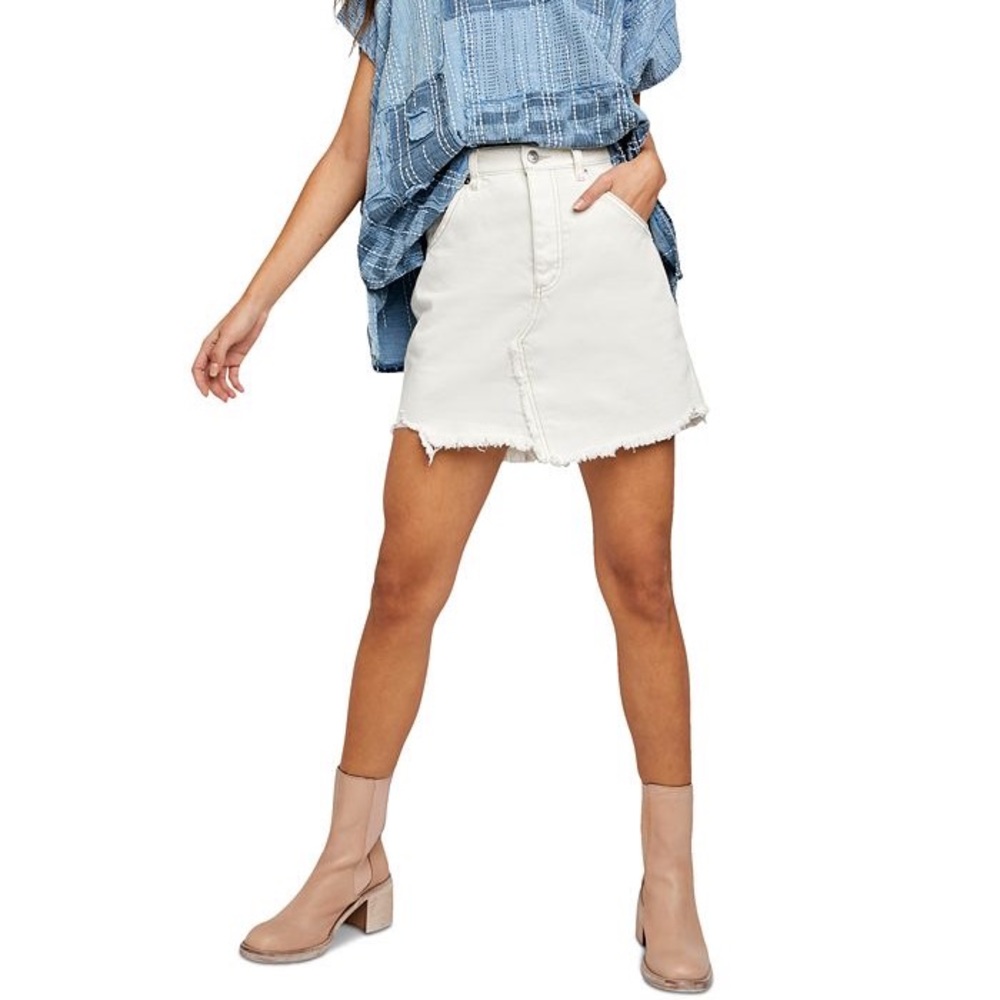 Free People Brea Cutoff Distressed Denim Skirt Button Fly Frayed Hem White